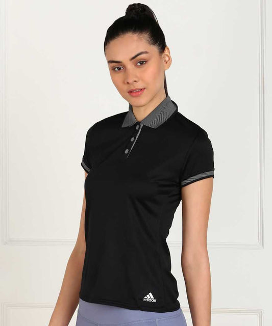 ADIDAS Self Design Women Polo Neck Black T-Shirt